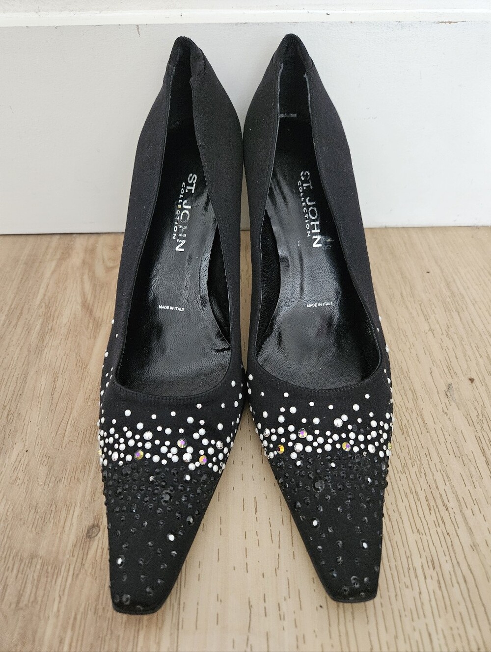 St. John Collection Black Pointed-Toe Crystal Embellished Heels